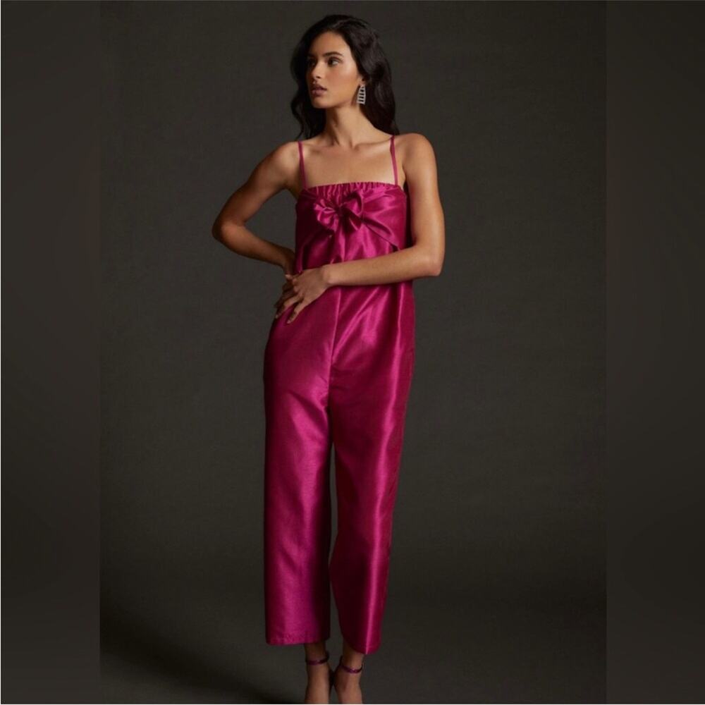 Anthropologie Hutch fuchsia pink satin tie front jumpsuit size Medium